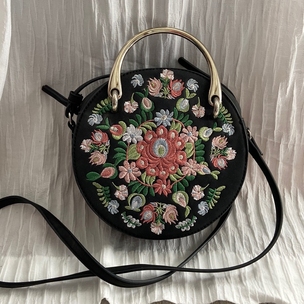 Black Beautiful Embroidered Round Bag.
